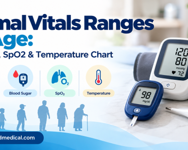 Knowing your basic vital signs can make everyday health monitoring easier. Blood pressure, blood sugar, oxygen saturation and body temperature are among the measurements people commonly check at home. A digital BP monitor, glucometer, pulse oximeter or thermometer can provide useful information within minutes. But there is one important thing to remember: there is no single “normal” number that applies to everyone. Age, health condition, activity, medication, pregnancy, altitude and the way a measurement is taken can all affect the result. Blood pressure in children, for example, is interpreted differently from blood pressure in adults. Blood sugar also needs to be interpreted according to whether the test was fasting, after a meal or taken at another time. So, this normal vital signs chart is designed as a practical reference, not a diagnostic tool. Quick Normal Vital Signs Chart Vital Sign General Reference for Healthy Adults What It Measures Blood Pressure Around 120/80 mmHg is commonly used as a reference; interpretation depends on the individual Pressure of blood against artery walls Fasting Blood Sugar Generally below 100 mg/dL is considered normal for standard adult fasting-glucose classification Blood glucose after fasting SpO₂ Usually around 95–100% at sea level Estimated oxygen saturation Body Temperature Approximately 36.1–37.2°C can be a typical adult range, with normal variation Body temperature These figures are general reference values, not personal targets. A reading outside a reference range does not automatically mean that you have a disease. Likewise, a reading inside the range does not guarantee that everything is fine. The measurement needs to be considered in context. Normal Blood Pressure by Age Blood pressure is written as two numbers. For example: 120/80 mmHg The first number is the systolic pressure, measured when the heart contracts. The second number is the diastolic pressure, measured when the heart relaxes between beats. Adults For adults, blood pressure is not usually assigned a different “normal” range simply because someone is 30, 50 or 70 years old. Instead, the reading is interpreted using adult blood-pressure categories and the person's overall health. WHO currently defines hypertension in adults as blood pressure of 140/90 mmHg or higher when measured on two different days. That does not mean that every reading below 140/90 is automatically ideal. Blood pressure can vary throughout the day, and individual targets may differ. Blood Pressure Reference Table for Adults Reading General Interpretation Below 120/80 mmHg Often considered a healthy reference range 120–139 systolic May be above the ideal range and should be interpreted in context 140/90 mmHg or higher Meets WHO's adult hypertension threshold when confirmed on two different days Very high reading with concerning symptoms Requires prompt medical assessment Do not diagnose hypertension from a single home reading. If your home readings are repeatedly high, discuss them with a healthcare professional. Blood Pressure in Children Children are different. A child's blood pressure is influenced by age, sex and height, so a simple adult-style chart should not be used to decide whether a child's BP is normal. This is particularly important for parents searching for “normal BP by age.” A seven-year-old and a seventeen-year-old should not be judged using the same fixed adult threshold. If you are checking a child's blood pressure at home, use the cuff size recommended for the child and ask a healthcare professional to interpret the result. Normal Blood Sugar Levels by Age Blood sugar, or blood glucose, changes naturally during the day. Your result can be different depending on whether you have: Been fasting Recently eaten Exercised Taken prescribed medicines Been unwell Experienced stress Because of this, a blood glucose reading should always be interpreted with the test timing. Fasting Blood Sugar For standard adult fasting-glucose classification, a fasting blood glucose level below 100 mg/dL is generally considered normal. A fasting result of 100–125 mg/dL falls into the impaired fasting glucose range, while 126 mg/dL or higher can meet a diagnostic threshold for diabetes when appropriately confirmed. A home glucometer result should not be used by itself to diagnose diabetes. If your readings are repeatedly higher than expected, speak with your healthcare professional about appropriate testing. Blood Sugar Reference Table Test General Reference Fasting glucose Below 100 mg/dL Fasting glucose 100–125 mg/dL Higher than normal; needs appropriate clinical evaluation Fasting glucose ≥126 mg/dL Can meet a diagnostic threshold when confirmed appropriately 2-hour glucose after 75 g OGTT Below 140 mg/dL is generally considered normal These values relate to diagnostic blood-glucose testing, not necessarily the target numbers a person with diagnosed diabetes should aim for every day. Someone who already has diabetes may have an individualized glucose target based on their treatment plan. Does Blood Sugar Have a Different Normal Range for Older Adults? Not in the simple way many online charts suggest. Age can influence diabetes risk and treatment goals, but it does not mean there is one universal “normal sugar level” for every 60-, 70- or 80-year-old. Older adults may have different health conditions, medicines and nutritional needs. Their glucose targets should therefore be individualized by their healthcare team. Normal SpO₂ by Age SpO₂ stands for oxygen saturation measured by pulse oximetry. A pulse oximeter usually clips onto a fingertip and estimates how much oxygen is being carried in the blood. For many healthy people at sea level, an SpO₂ reading around 95–100% is a common reference range. MoHFW describes pulse oximetry as a non-invasive method used to measure oxygen saturation and pulse rate. SpO₂ Reference Table SpO₂ Reading General Meaning 95–100% Common reference range for many healthy people at sea level 90–94% Lower than expected for many healthy people; repeat correctly and seek advice if it persists Below 90% Potentially serious low reading; prompt medical assessment may be required These numbers should not be treated as a diagnosis. People with certain lung, heart or other medical conditions may have individual oxygen targets. Altitude can also affect oxygen saturation. Does SpO₂ Change With Age? There is not a simple chart where oxygen saturation steadily decreases with age. Healthy older adults can still have readings in the usual range. If an older person's reading is unexpectedly lower than their usual level, check the measurement technique first. Cold fingers, movement, poor circulation and an incorrectly positioned device can affect the reading. If the low reading continues or occurs with breathing difficulty or other concerning symptoms, seek medical advice. Normal Body Temperature by Age Body temperature is another vital sign that naturally varies. A commonly used adult reference range is approximately 36.1°C to 37.2°C, but temperature can change depending on the person, time of day, activity and measurement method. For example, an oral reading may differ from an underarm reading. Temperature Reference Table Group General Reference Adults Around 36.1–37.2°C is a common reference range Children Can vary depending on age and measurement method Infants Temperature should be interpreted carefully, especially in very young babies There is no need to worry about a tiny difference from one measurement to another. Instead, consider the person's symptoms, the measurement method and whether the temperature is persistently abnormal. Why Does Temperature Change During the Day? Body temperature is not fixed at one number. It can vary naturally throughout the day and may be influenced by: Physical activity Weather Clothing Hormonal changes Food and drinks Illness Measurement method For this reason, comparing readings taken under similar conditions can be more useful than comparing completely different measurements. Normal BP, Sugar and Oxygen Levels by Age: What Actually Changes? Searches for “normal BP sugar oxygen levels by age” often produce charts with a different number for every age. That looks simple, but it can create confusion. Blood Pressure Children require age-, sex- and height-based interpretation. Adults are generally assessed using adult BP categories rather than a separate normal number for every age. Blood Sugar Fasting glucose is interpreted based on the test and diagnostic criteria. Age alone does not create a completely different normal fasting glucose range for each decade. Oxygen Saturation Healthy adults and children commonly have high oxygen saturation at sea level. Age does not automatically mean that a lower SpO₂ is normal. Temperature Temperature naturally varies with age, time of day and measurement method. Infants require more careful interpretation than healthy adults. The takeaway is simple: age matters, but it is not the only factor that determines whether a vital sign is normal. How to Measure Vital Signs Correctly at Home The number on the screen is only as useful as the measurement behind it. Measuring Blood Pressure For a more reliable home BP reading: Rest quietly before measuring. Sit with your back supported. Keep your feet supported. Place your arm in a comfortable supported position. Use the correct cuff size. Avoid talking during the measurement. Take repeat readings when your healthcare professional has advised it. MoHFW's hypertension guidance emphasizes standardized BP measurement and appropriate technique rather than relying on an isolated reading. Measuring Blood Sugar When using a glucometer: Wash and dry your hands. Use the correct test strip. Check that strips are within their expiry date. Follow the meter manufacturer's instructions. Record the reading and test timing when needed. Do not share lancets or blood-testing equipment. Remember that a glucometer is a monitoring tool. Repeated abnormal results should be discussed with a healthcare professional. Measuring SpO₂ For a pulse oximeter: Rest before measuring. Keep your hand warm. Place the device correctly on your fingertip. Keep your hand still. Wait for the reading to stabilise. Record the result if you are monitoring regularly. If a reading looks unexpectedly low, repeat the measurement correctly rather than immediately assuming the device is showing a medical emergency. Measuring Temperature Use the thermometer according to its instructions. Record the measurement method if you are tracking temperatures over several days. This makes comparisons easier because oral, ear, forehead and underarm measurements can produce different results. When Should You Be Concerned About a Vital Sign? A single unusual number does not always mean something is wrong. Before becoming alarmed, ask: Was the device used correctly? Was the person resting? Is the device working properly? Was the correct cuff or sensor used? Could recent exercise, food, stress or illness have affected the reading? Is the result very different from the person's usual level? Repeat the measurement when appropriate. However, do not ignore symptoms simply because a number looks normal. Seek prompt medical attention for symptoms such as: Severe difficulty breathing Chest pain or pressure Fainting Confusion Severe weakness Bluish lips or face A rapidly worsening condition A home monitoring device can provide useful information, but it cannot replace a clinical assessment. Why Tracking Trends Is Better Than Looking at One Number Vital signs naturally move up and down. For example, blood pressure can change after exercise, stress, caffeine or poor sleep. Temperature can change throughout the day. Blood sugar changes with meals and activity. That is why keeping a simple record can be helpful. You can create a table like this: Date BP Blood Sugar SpO₂ Temperature Notes Monday — — — — Morning Tuesday — — — — Before breakfast Wednesday — — — — Feeling unwell Thursday — — — — Evening You do not need to measure every vital sign every day unless your healthcare professional has recommended it. The purpose of a log is to make meaningful patterns easier to identify. Home Vital Monitoring Equipment Checklist A basic home monitoring kit may include: Digital BP Monitor Useful for people who have been advised to monitor blood pressure at home. Choose an upper-arm device with an appropriate cuff size and reliable validation. Glucometer Useful for people who have been advised to monitor blood glucose at home. Keep compatible test strips and lancets available. Pulse Oximeter Useful for checking SpO₂ and pulse rate when monitoring is appropriate. Digital Thermometer A simple thermometer is useful for routine temperature checks. Health Record Keep either a notebook or digital record of important readings. This can make doctor appointments more productive because you can show actual measurements instead of trying to remember them. Frequently Asked Questions 1. What is a normal vital signs chart? A normal vital signs chart is a quick reference for measurements such as blood pressure, blood sugar, oxygen saturation and body temperature. The ranges are general guides and should not be used to diagnose a medical condition. 2. What are normal BP, sugar and oxygen levels by age? There is no single universal set of numbers for every age. Adult BP is interpreted using adult categories, children's BP depends on factors such as age, sex and height, blood sugar depends on the type and timing of the test, and SpO₂ is generally high in healthy people at sea level. 3. Is 120/80 always the normal blood pressure? 120/80 mmHg is commonly used as a healthy reference value, but blood pressure naturally changes throughout the day. A single reading should not be used to diagnose hypertension. Repeated elevated readings should be discussed with a healthcare professional. 4. Is 95% oxygen saturation normal? For many healthy people at sea level, 95% is within the commonly used reference range. However, individual targets can differ. If your reading is lower than usual or you have breathing difficulty or other concerning symptoms, seek medical advice. 5. What is normal fasting blood sugar? For standard adult fasting-glucose classification, a fasting blood glucose level below 100 mg/dL is generally considered normal. Results of 100–125 mg/dL are above the normal range, while 126 mg/dL or higher can meet a diagnostic threshold when appropriately confirmed. A home glucometer reading alone should not be used to diagnose diabetes. Final Takeaway Vital signs give you useful information about the body, but they are not just numbers to compare against a chart. A normal vital signs chart can help you understand common reference ranges, but the correct interpretation depends on age, health history, symptoms, measurement technique and the type of test being used. For adults, a blood pressure around 120/80 mmHg is a commonly used reference, fasting blood glucose below 100 mg/dL is generally considered normal, SpO₂ is commonly around 95–100% at sea level, and body temperature often falls around 36.1–37.2°C. Children need more age-appropriate interpretation, especially for blood pressure. If you regularly monitor your health at home, keep your equipment ready, use it correctly and record important readings. More importantly, discuss persistent or unusual results with a qualified healthcare professional rather than trying to diagnose yourself from an online chart. Build Your Home Monitoring Kit With EasyAid Medical Keep essential monitoring equipment ready at home for everyday health tracking. Shop Digital BP Monitors Shop Glucometers Shop Pulse Oximeters Shop Digital Thermometers Explore Home Healthcare Equipment Medical Disclaimer: This article is for general educational purposes only. The ranges provided are reference values and are not intended to diagnose, treat or rule out any medical condition. Individual targets may differ. Always consult a qualified healthcare professional for interpretation of abnormal readings, especially in children, older adults, pregnant women and people with chronic health conditions.